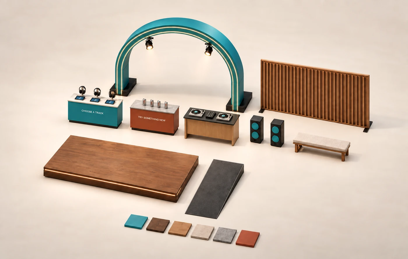 An illuminated arch, stage, listening stations, DJ console, speakers and seating arranged as a kit of parts.